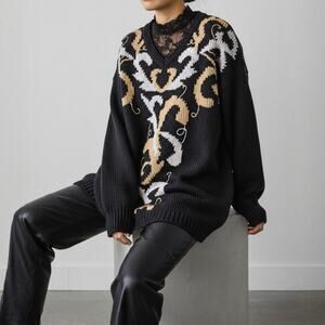 80s Oversized Holiday Festive Sweater Christmas Metallic Gold Silver Baroque M